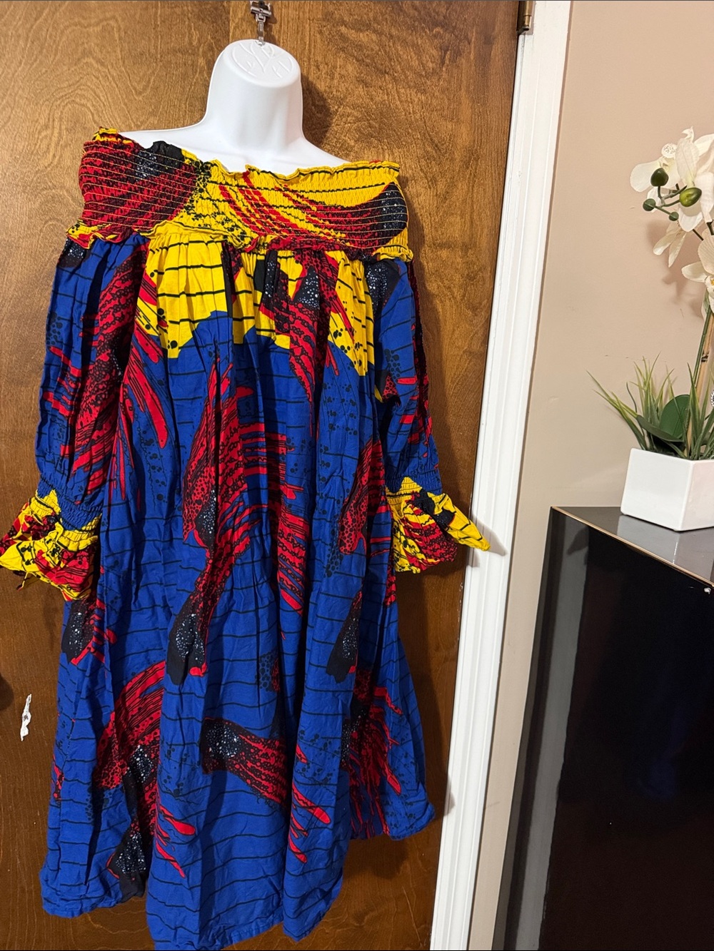 Off-Shoulder Blue, Red & Yellow African Print Dress